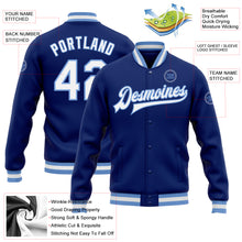 Laden Sie das Bild in den Galerie-Viewer, Custom Royal White-Light Blue Bomber Full-Snap Varsity Letterman Jacket
