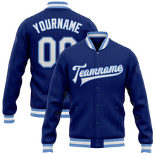 Laden Sie das Bild in den Galerie-Viewer, Custom Royal White-Light Blue Bomber Full-Snap Varsity Letterman Jacket
