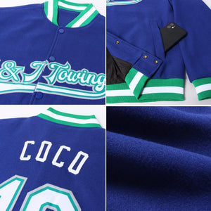 Custom Royal White Kelly Green-Gray Bomber Full-Snap Varsity Letterman Jacket