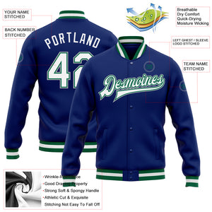 Custom Royal White Kelly Green-Gray Bomber Full-Snap Varsity Letterman Jacket