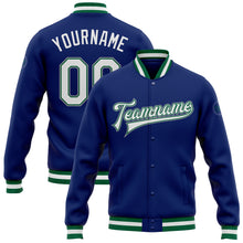 Загрузить изображение в средство просмотра галереи, Custom Royal White Kelly Green-Gray Bomber Full-Snap Varsity Letterman Jacket
