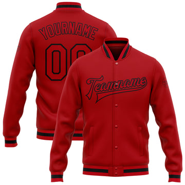 Custom Red Red-Black Bomber Full-Snap Varsity Letterman Jacket