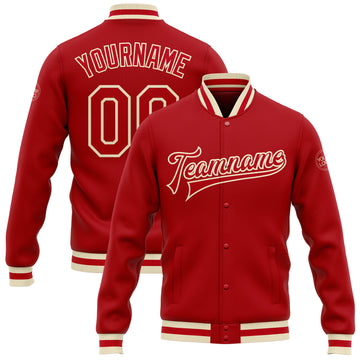 Custom Red Red-Cream Bomber Full-Snap Varsity Letterman Jacket