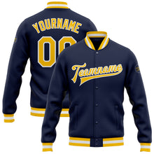 Load image into Gallery viewer, Custom Navy Gold-White Bomber Full-Snap Varsity Letterman Jacket
