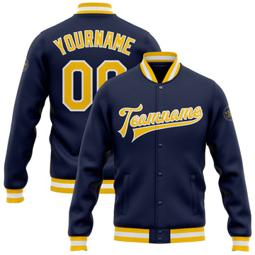 Custom Navy Gold-White Bomber Full-Snap Varsity Letterman Jacket