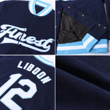 Load image into Gallery viewer, Custom Navy White-Light Blue Bomber Full-Snap Varsity Letterman Jacket
