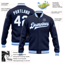 Load image into Gallery viewer, Custom Navy White-Light Blue Bomber Full-Snap Varsity Letterman Jacket
