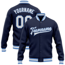 Load image into Gallery viewer, Custom Navy White-Light Blue Bomber Full-Snap Varsity Letterman Jacket
