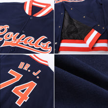 Load image into Gallery viewer, Custom Navy Orange-White Bomber Full-Snap Varsity Letterman Jacket
