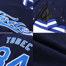 Charger l&#39;image dans la galerie, Custom Navy Royal-White Bomber Full-Snap Varsity Letterman Jacket
