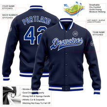 Charger l&#39;image dans la galerie, Custom Navy Royal-White Bomber Full-Snap Varsity Letterman Jacket
