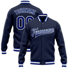 Charger l&#39;image dans la galerie, Custom Navy Royal-White Bomber Full-Snap Varsity Letterman Jacket
