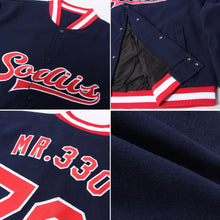 Laden Sie das Bild in den Galerie-Viewer, Custom Navy Red-White Bomber Full-Snap Varsity Letterman Jacket
