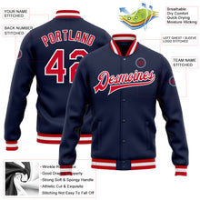 Laden Sie das Bild in den Galerie-Viewer, Custom Navy Red-White Bomber Full-Snap Varsity Letterman Jacket
