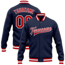 Laden Sie das Bild in den Galerie-Viewer, Custom Navy Red-White Bomber Full-Snap Varsity Letterman Jacket
