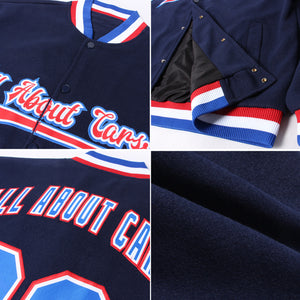 Custom Navy Royal-Red Bomber Full-Snap Varsity Letterman Jacket