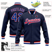 Laden Sie das Bild in den Galerie-Viewer, Custom Navy Royal-Red Bomber Full-Snap Varsity Letterman Jacket
