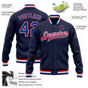 Custom Navy Royal-Red Bomber Full-Snap Varsity Letterman Jacket