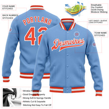 Laden Sie das Bild in den Galerie-Viewer, Custom Light Blue Orange-White Bomber Full-Snap Varsity Letterman Jacket
