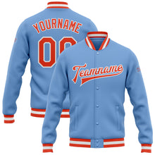 Laden Sie das Bild in den Galerie-Viewer, Custom Light Blue Orange-White Bomber Full-Snap Varsity Letterman Jacket
