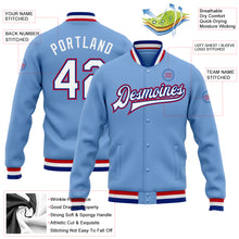 Load image into Gallery viewer, Custom Light Blue White Royal-Red Bomber Full-Snap Varsity Letterman Jacket
