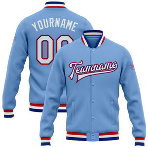 Custom Light Blue White Royal-Red Bomber Full-Snap Varsity Letterman Jacket