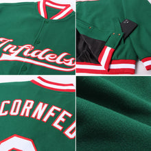 Load image into Gallery viewer, Custom Kelly Green White-Red Bomber Full-Snap Varsity Letterman Jacket
