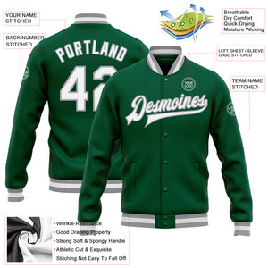 Custom Kelly Green White-Gray Bomber Full-Snap Varsity Letterman Jacket