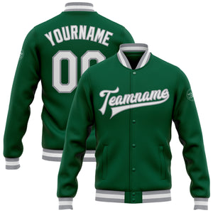 Custom Kelly Green White-Gray Bomber Full-Snap Varsity Letterman Jacket