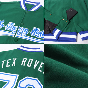 Custom Kelly Green White-Royal Bomber Full-Snap Varsity Letterman Jacket