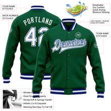 Load image into Gallery viewer, Custom Kelly Green White-Royal Bomber Full-Snap Varsity Letterman Jacket
