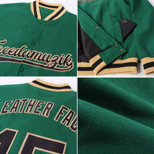 Load image into Gallery viewer, Custom Kelly Green Black-Old Gold Bomber Full-Snap Varsity Letterman Jacket
