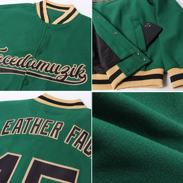 Custom Kelly Green Black-Old Gold Bomber Full-Snap Varsity Letterman Jacket