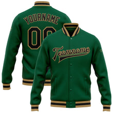 Load image into Gallery viewer, Custom Kelly Green Black-Old Gold Bomber Full-Snap Varsity Letterman Jacket
