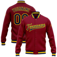 Load image into Gallery viewer, Custom Crimson Navy-Gold Bomber Full-Snap Varsity Letterman Jacket
