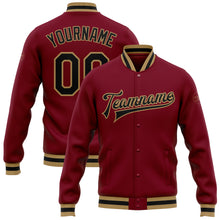 Загрузить изображение в средство просмотра галереи, Custom Crimson Black-Old Gold Bomber Full-Snap Varsity Letterman Jacket
