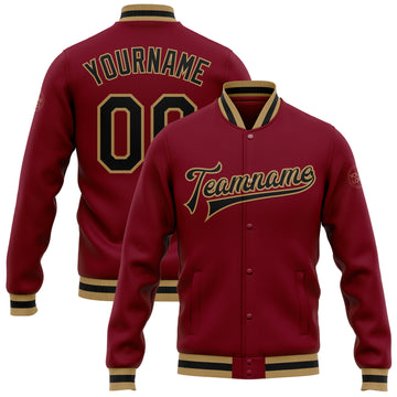 Custom Crimson Black-Old Gold Bomber Full-Snap Varsity Letterman Jacket