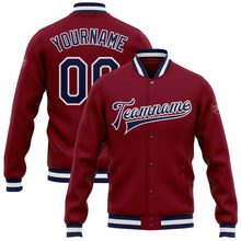 Load image into Gallery viewer, Custom Crimson Navy-White Bomber Full-Snap Varsity Letterman Jacket
