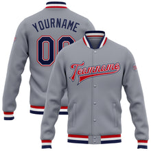 Load image into Gallery viewer, Custom Gray Navy White-Red Bomber Full-Snap Varsity Letterman Jacket
