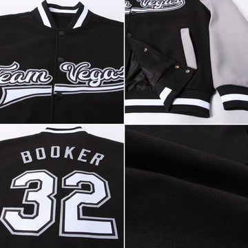 Custom Black White-Gray Bomber Full-Snap Varsity Letterman Two Tone Jacket