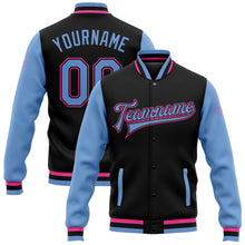 Загрузить изображение в средство просмотра галереи, Custom Black Light Blue-Pink Bomber Full-Snap Varsity Letterman Two Tone Jacket
