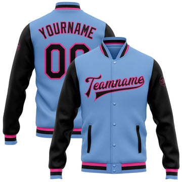 Custom Light Blue Black-Pink Bomber Full-Snap Varsity Letterman Two Tone Jacket