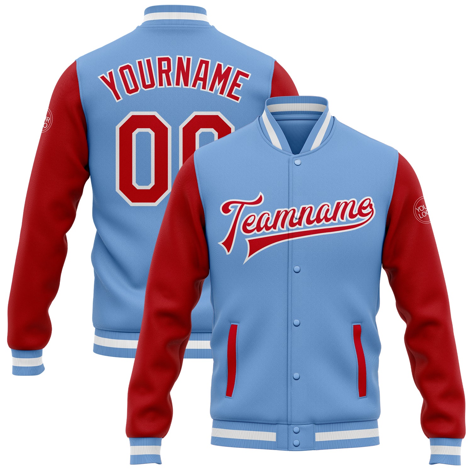 Cheap Custom Light Blue Red-White Bomber Full-Snap Varsity