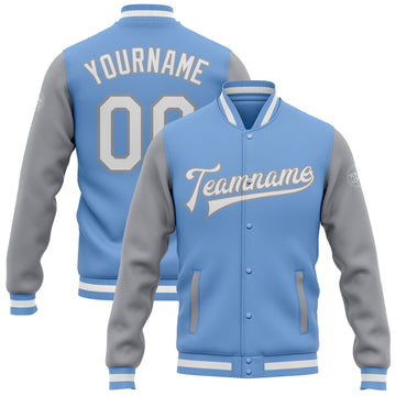 Custom Light Blue White-Gray Bomber Full-Snap Varsity Letterman Two Tone Jacket