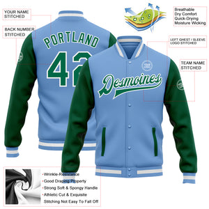 Custom Light Blue Kelly Green-White Bomber Full-Snap Varsity Letterman Two Tone Jacket