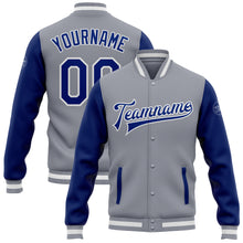 Загрузить изображение в средство просмотра галереи, Custom Gray Royal-White Bomber Full-Snap Varsity Letterman Two Tone Jacket
