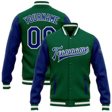 Load image into Gallery viewer, Custom Kelly Green Royal-White Bomber Full-Snap Varsity Letterman Two Tone Jacket
