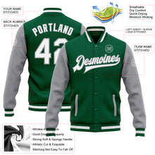 Load image into Gallery viewer, Custom Kelly Green White-Gray Bomber Full-Snap Varsity Letterman Two Tone Jacket
