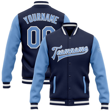 Custom Navy Light Blue-White Bomber Full-Snap Varsity Letterman Two Tone Jacket