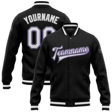 Custom Black White Purple-Gray Bomber Full-Snap Varsity Letterman Jacket